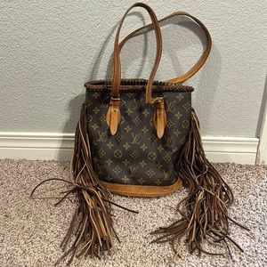 Vintage Boho Louis Vuitton bucket bag with leather and beaded fringe